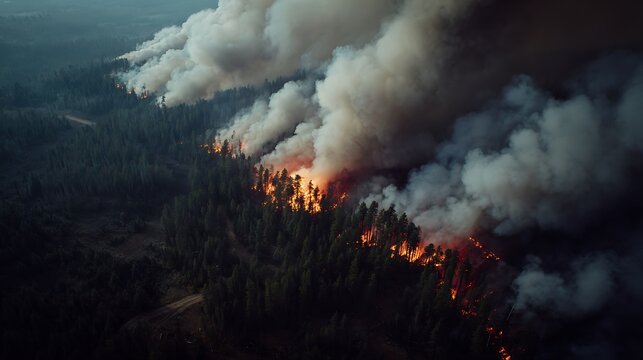 Aerial view of a forest fire with smoke and flames burning trees in a woodland area