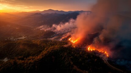 Fototapeta premium Aerial view of a forest fire burning on a mountain slope at sunset