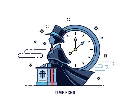 Victorian silhouette against a large clock face showing elegant profile and flowing coat details. Gentle motion arcs and a short ?Time Echo? caption