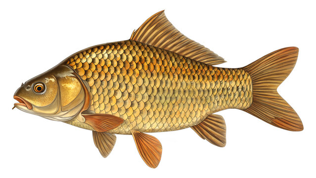 Vibrant common carp fish with shimmering golden scales, a freshwater aquatic animal, captured in a detailed side view, isolated on white background