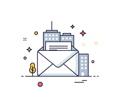 Employee layoff announcement theme illustrated by a minimal email envelope icon with a small corporate building silhouette behind it. The composition conveys