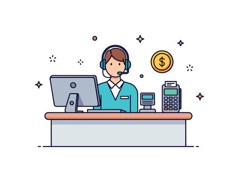 Customer service desk in bank teller standing behind a simple counter with computer monitor and card payment terminal, subtle coin icon indicating
