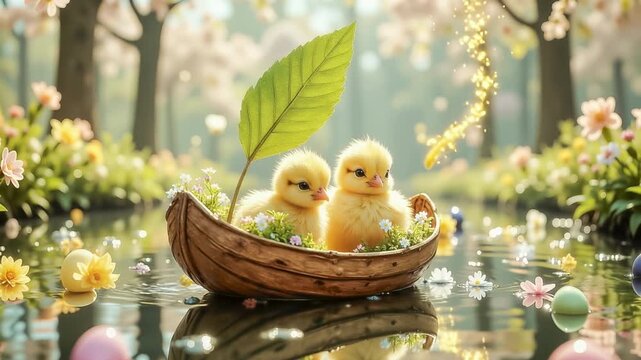 Easter chicks float in a nutshell boat decorated with violets. Flowers surround them, colorful Easter eggs float, and gold flakes.
