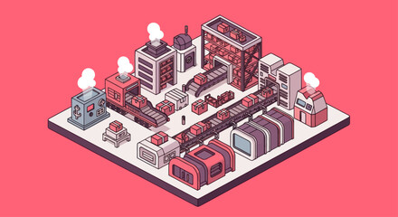 Isometric Industrial Cityscape with Buildings and Trains. © Ganti