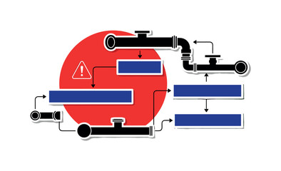 Fototapeta premium Black and white plumbing troubleshooting chart displayed as a wall poster with simplified pipes diagram, bold red geometric circle behind like a warning