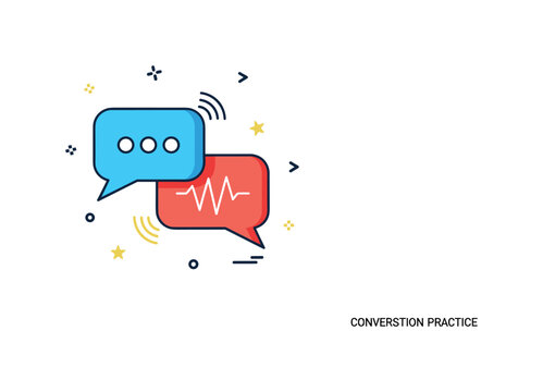 Conversation practice scene featuring two overlapping speech bubbles with subtle sound wave accents, symbolizing dialogue and fluency development. The balanced