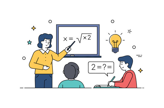 Math problem guidance teacher pointing at a simple equation on a board while student writes solution in notebook, lightbulb icon subtly glowing above. A clear