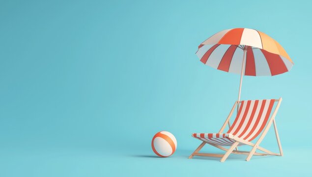 A tranquil beach setting showcasing a striped umbrella beside a classic deck chair, accompanied by a beach ball, enveloping a serene ambience perfect for summer relaxation and leisure.