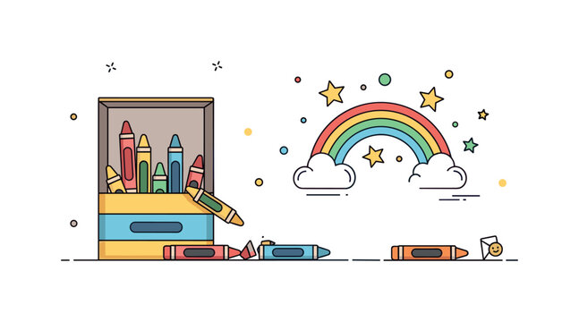 Crayons spilling from a box onto a table next to a whimsical doodle of a rainbow, stars, and clouds, conveying playful artistic exploration. Minimalist flat