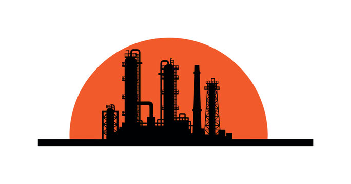 Monochrome refinery towers simplified into bold silhouettes, bold orange half-circle behind like industrial sun, thin horizontal baseline grounding the