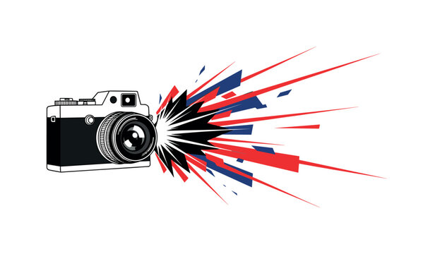 Black and white retro camera with a dramatic flash burst exploding forward, bold red and deep blue flat geometric shapes radiating from the lens, sharp linear