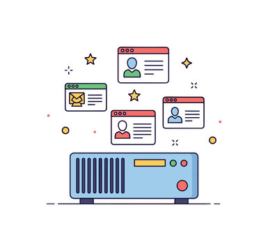 Virtual server environment featuring a single hardware unit with small virtual window icons floating above, symbolizing virtualization and resource