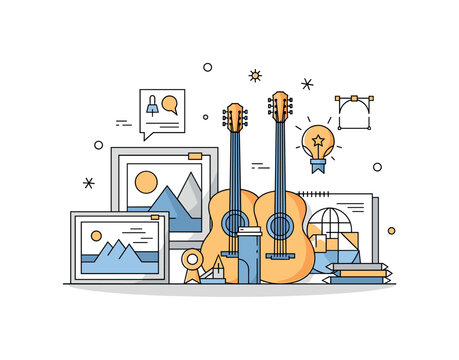 An illustrator arranging finished artworks next to musical instruments and design prototypes, symbolizing creative success, recognition, and multidisciplinary