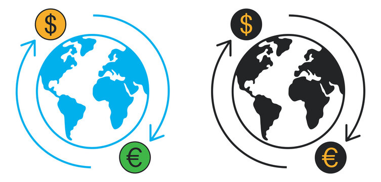 Global currency exchange icon, circular arrows, dollar and euro coins, international finance, money transfer, transparent background isolated
