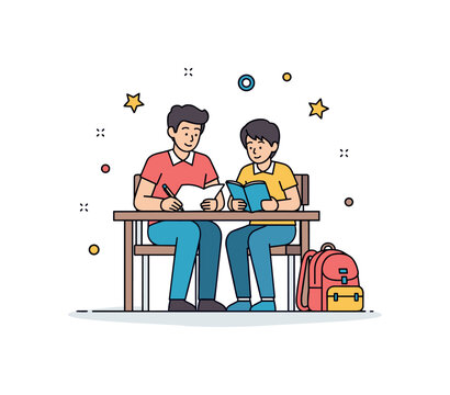 After school tutoring session teacher and student reviewing notes together at a single desk with backpack placed nearby, suggesting extra effort and