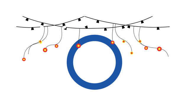 Black and white string lights draped across composition, large flat electric blue circle framing central area, thin curved lines suggesting hanging cables,