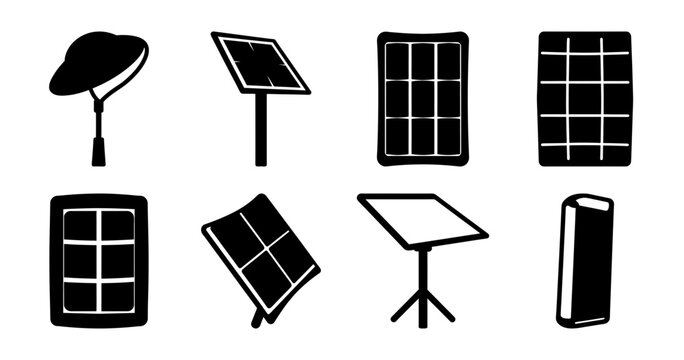 Collection of Black and White Solar Panel Silhouettes and Other Illustrations
