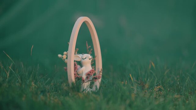 A cinematic shot of a white ceramic Easter bunny figurine nestled in a wooden oval frame on lush green grass. The scene exudes a peaceful, whimsical spring atmosphere in a garden setting.