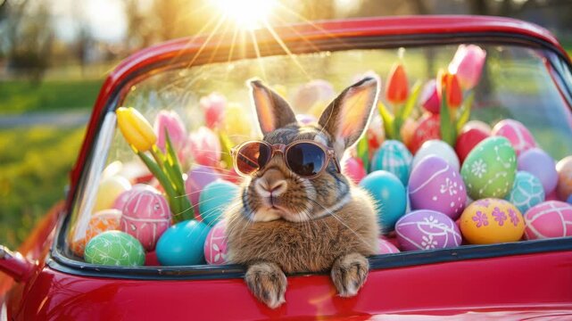 Easter bunny with sunglasses in red car, spring holiday eggs, tulips in bright colors, sunlight in green park, festive celebration, seasonal decoration, outdoor daylight scene, joyful atmosphere
