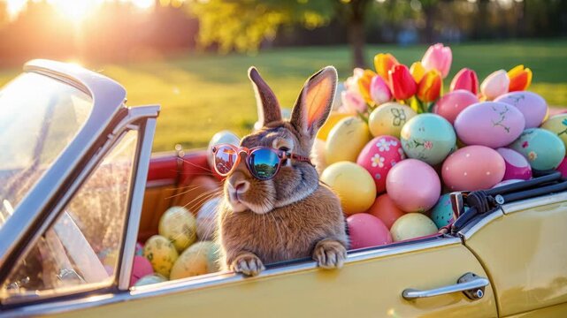 Colorful Easter bunny in sunglasses, vintage car with pastel eggs, joyful spring scene, playful holiday character, vibrant seasonal celebration, humorous Easter theme, cheerful springtime joy