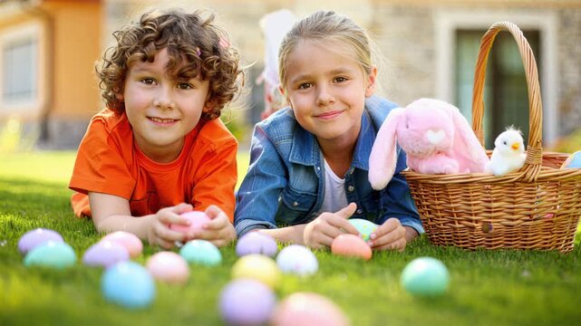 Children hunting colorful easter eggs on green lawn, wicker basket holding plush bunny chick, outdoor spring activity, seasonal family celebration, joyful discovery, playful childhood joy