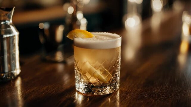 Cinematic close-up video of a whiskey sour cocktail with creamy foam surface and subtle citrus garnish