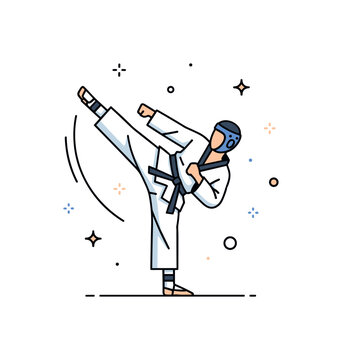 Taekwondo high kick action featuring a martial artist in a dobok performing a dynamic roundhouse kick with a subtle motion arc, expressing discipline, power