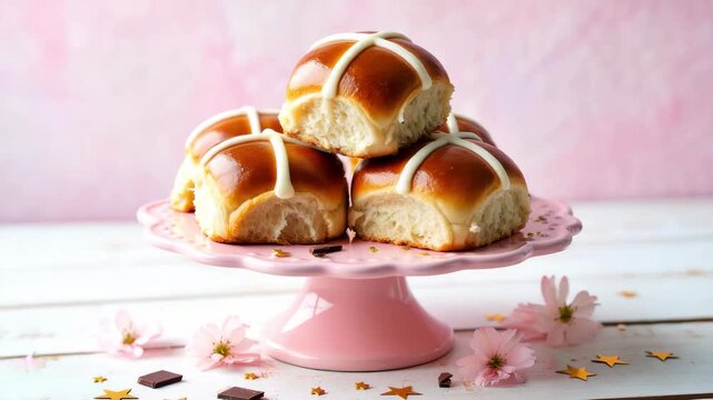 Sweet buns with icing on a pink stand, decorated with cherry blossoms and golden stars, pastel background, bakery dessert arrangement, traditional seasonal treats, gourmet pastry display
