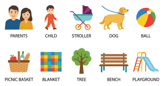 A collection of flat vector icons representing a family, child, dog, picnic basket, playground, and other outdoor leisure elements on a white background.