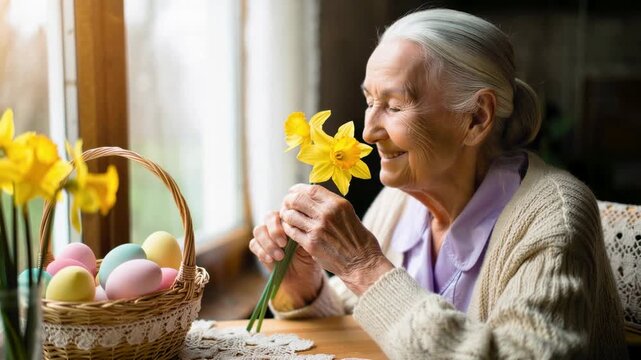 Elderly woman smelling daffodil by sunlit window, pastel easter eggs in wicker basket on wooden table, knitted cardigan with lace doily, spring morning memory, floral scent recollection, calm