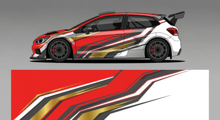 Naklejka premium Racing hatchback with dynamic red and yellow graphics on a gray studio backdrop.