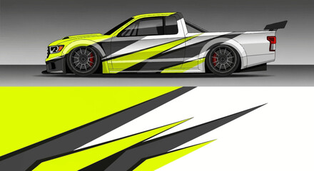 Obraz premium Sleek yellow and black race car displayed with dynamic graphics in a studio backdrop.