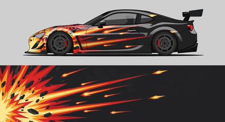 High speed race car with fiery flame livery, dramatic spoiler, and on-track action. © AhzaArdiansyah