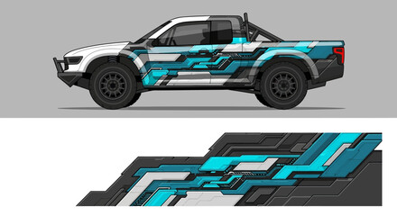 Bold blue geometric wrapped pickup truck with futuristic graphics and offroad styling. © AhzaArdiansyah