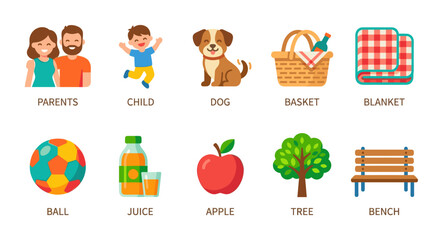 Fototapeta premium A cheerful flat design illustration showcasing icons of parents, child, dog, picnic basket, blanket, ball, juice, apple, tree and bench, perfect for summer or outdoor themes.