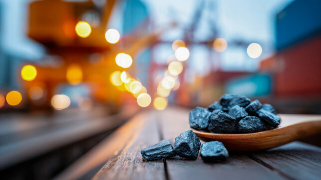 Close-up of black coal pieces on a wooden surface with an industrial port background at dusk