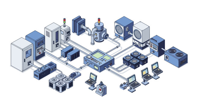 Isometric diagram of a complex industrial network with various machines and computers.
