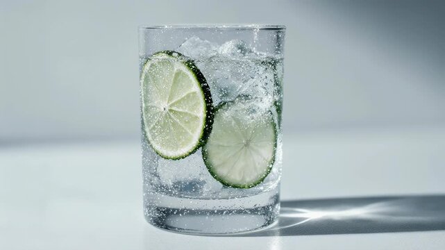 Cinematic macro video of a gin and tonic cocktail in a transparent glass, visible lime slices and ice cubes