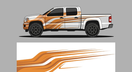 White pickup truck featuring orange racing stripes and flowing abstract graphics on the side. © AhzaArdiansyah