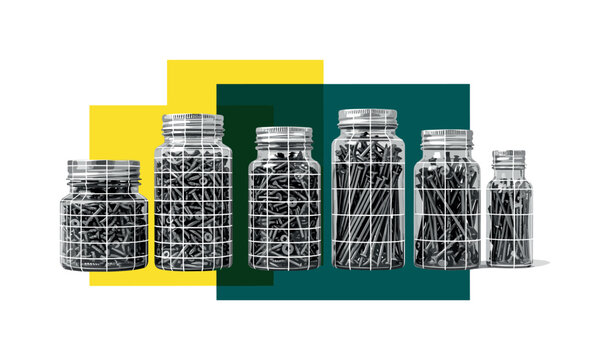 Black and white storage jars with screws and nails arranged in a tidy row, geometric cylinders and grid overlays symbolizing system and inventory, bright