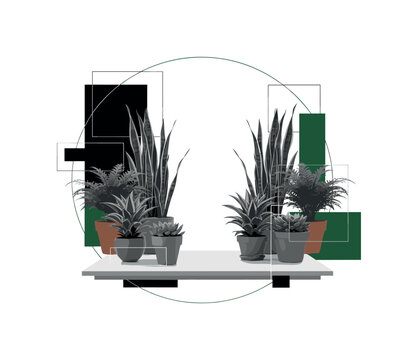 A monochrome arrangement of various potted plants symmetrically placed around a clean desk, oversized circular halo unifying the composition,