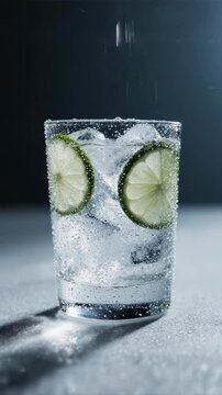 Cinematic macro video of a gin and tonic cocktail in a transparent glass, visible lime slices and ice cubes