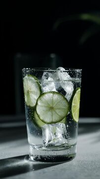 Cinematic macro video of a gin and tonic cocktail in a transparent glass, visible lime slices and ice cubes