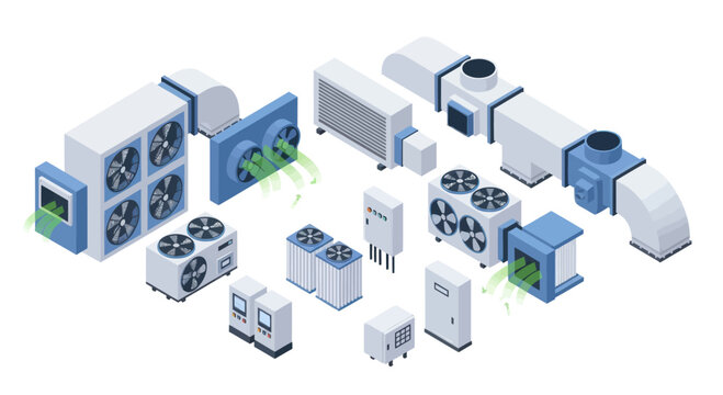 Isometric HVAC and Refrigeration Equipment Collection for Industrial Use.