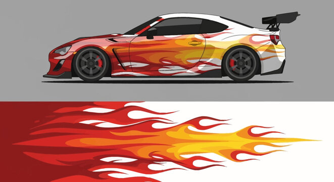 Sleek red sports car with dynamic flame graphics on dark background.