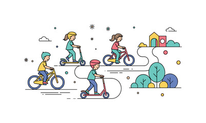 Fototapeta premium Playground with children riding bicycles and scooters along a winding path, showcasing motion, playfulness, and active outdoor fun. Minimalist flat vector