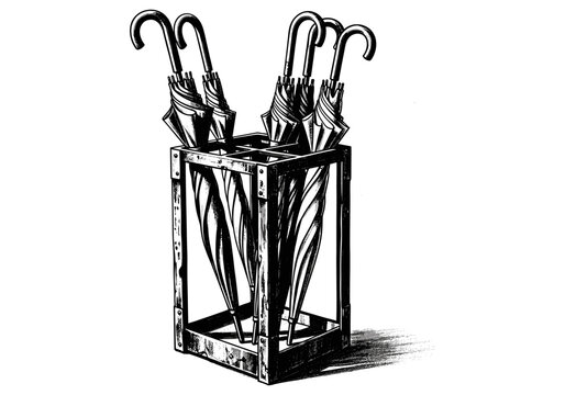 Vintage umbrella stand filled with closed umbrellas, black and white illustration