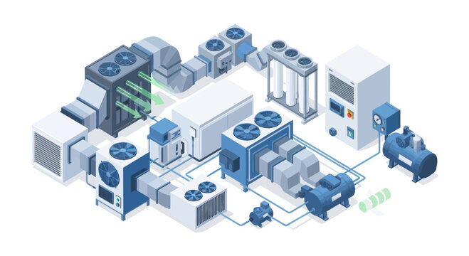 Isometric HVAC System Illustration - Comprehensive Heating, Ventilation, and Air Conditioning Setup.