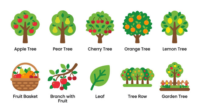 A vibrant collection of stylized fruit trees, including apple, pear, cherry, orange, and lemon, along with a fruit basket, branch, leaf, tree row, and garden tree on a white background.