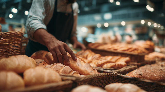 Man selecting fresh baguette from rustic basket in bakery section showing artisanal bread and pastries